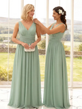 V Neck Sleeveless Pleated Chiffon Evening Dress (Final Sale)