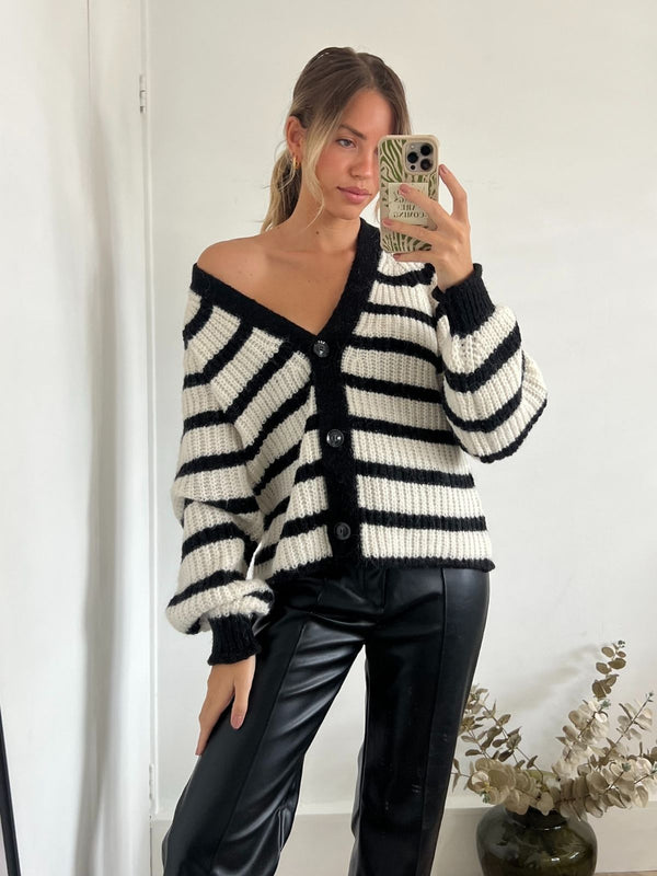 Meredith cosy Striped Oversized Cardigan, Black & White