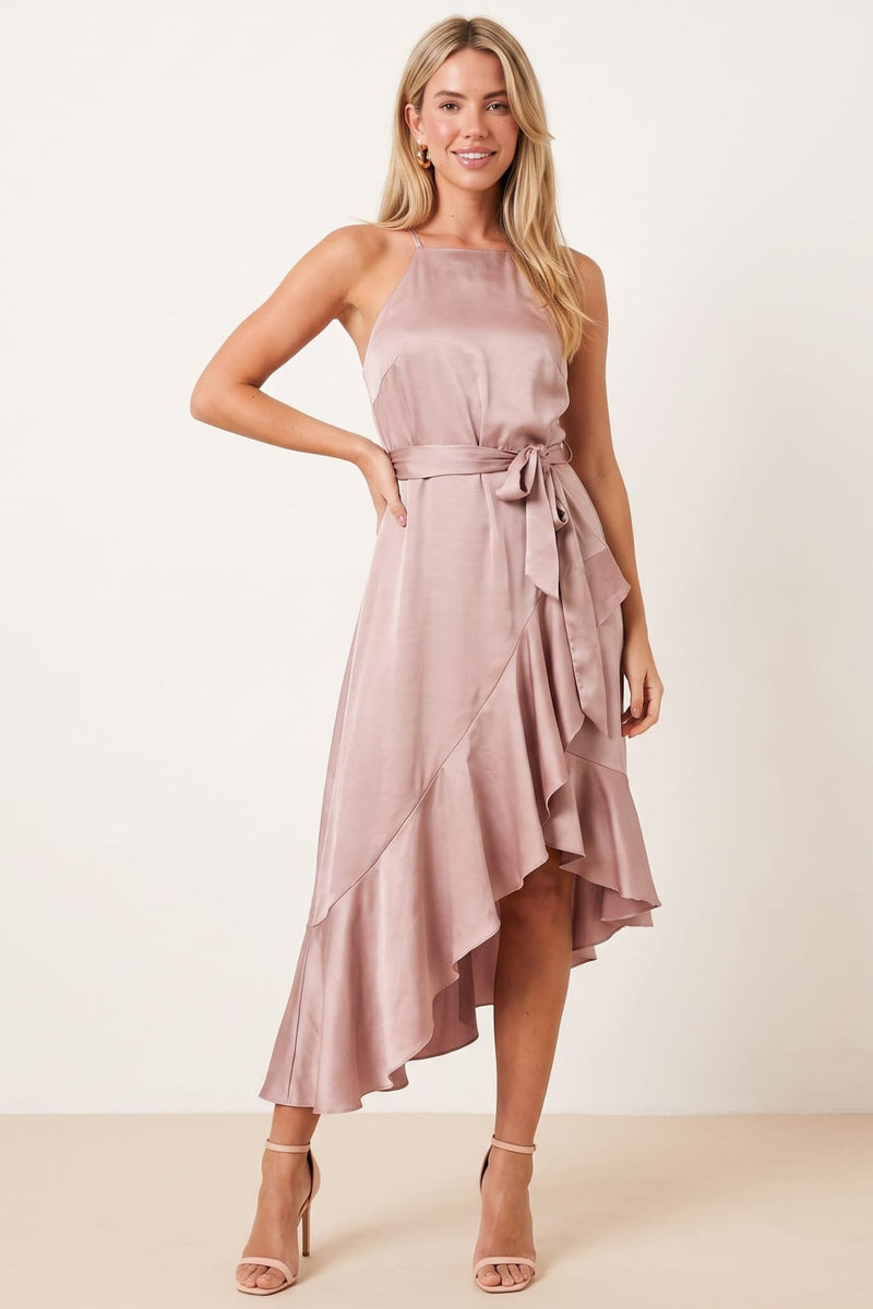 Halter Frill Satin Midi Dress, Blush