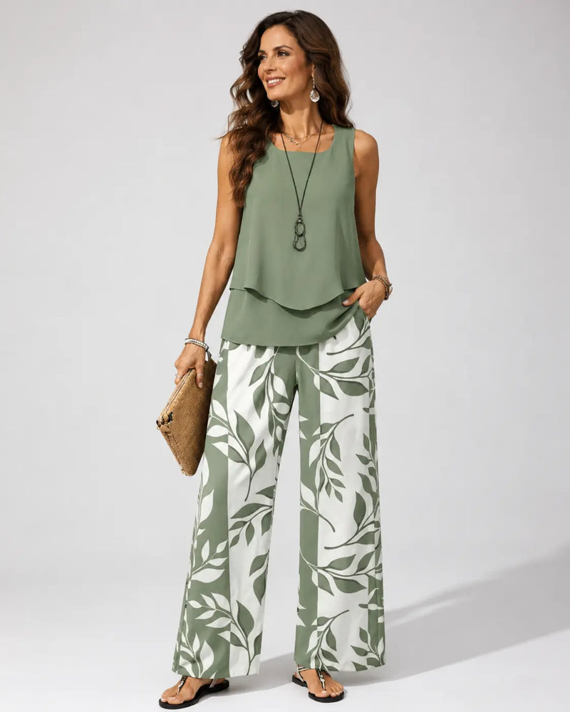 Petronila Sage Green Blouse and Botanical Trouser Set