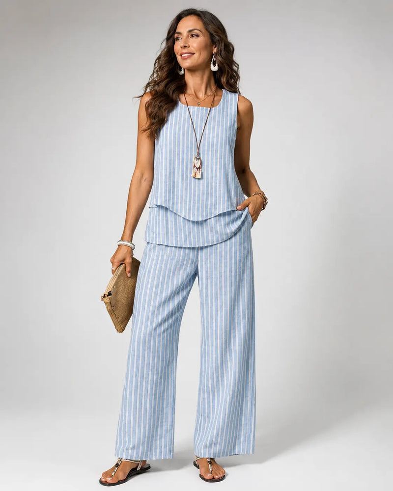 Nicolasa Blue Striped Top and Wide-Leg Trouser Set