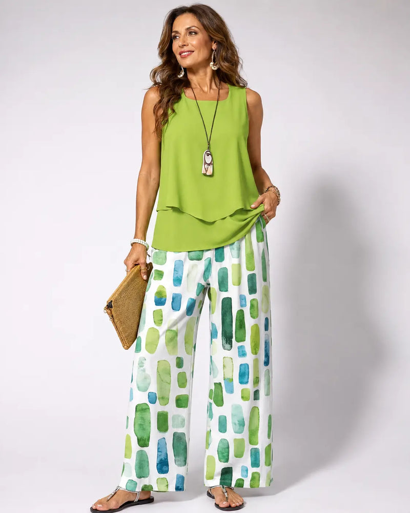 Sabina Green Top & Geometric Print Trouser Set