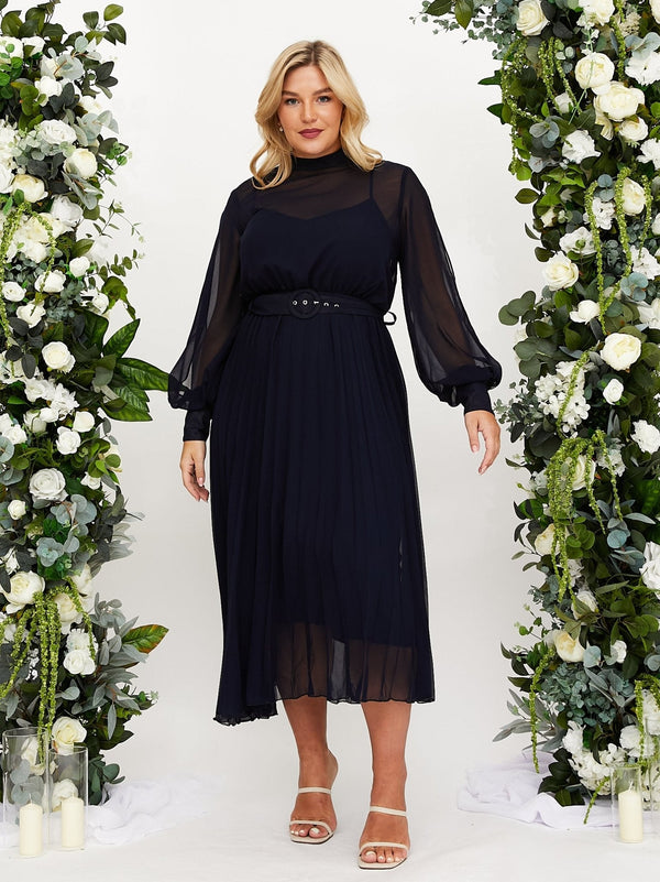 Angelina High Neck Pleated Dress, Navy