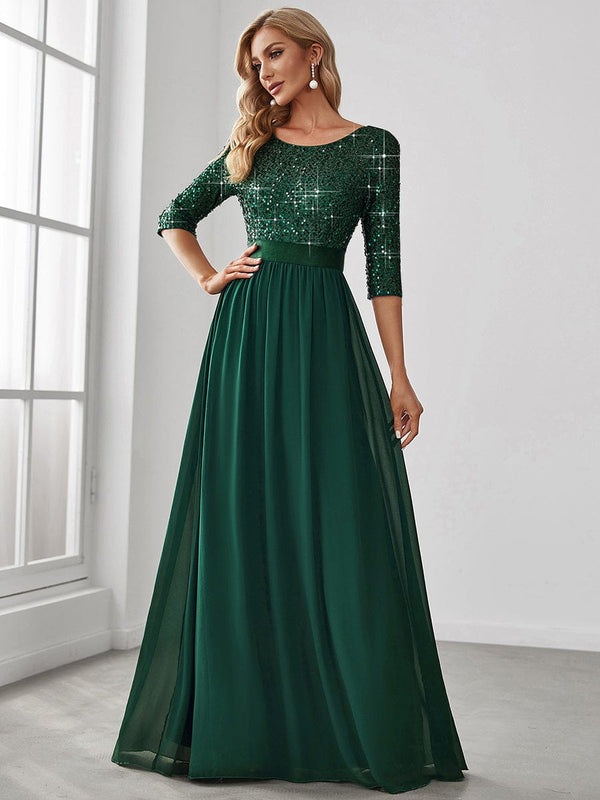 Round Neckline 3/4 Sleeve Sequins Patchwork Evening Dress
