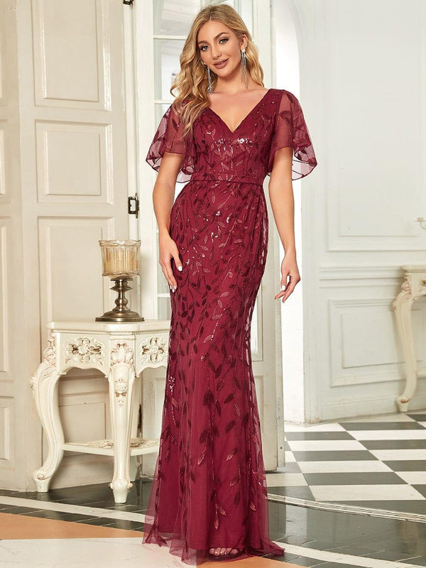 V Neck Leaf-Sequined Fishtail Mother of the Bride Dress