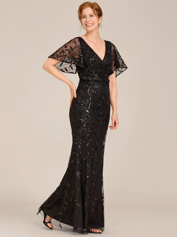 V Neck Leaf-Sequined Fishtail Mother of the Bride Dress