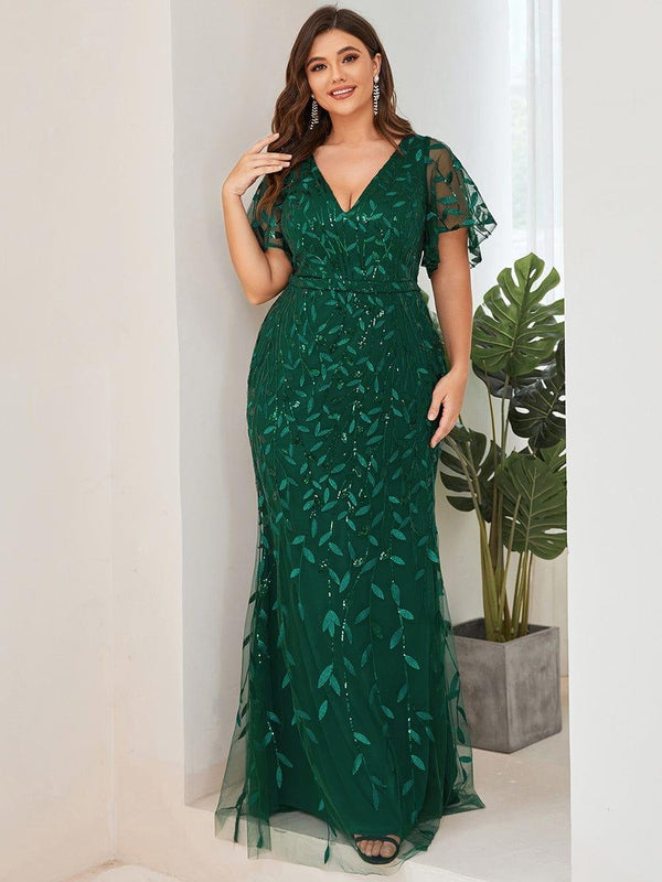 Plus Size V Neck Mermaid Sequin & Tulle Evening Dress