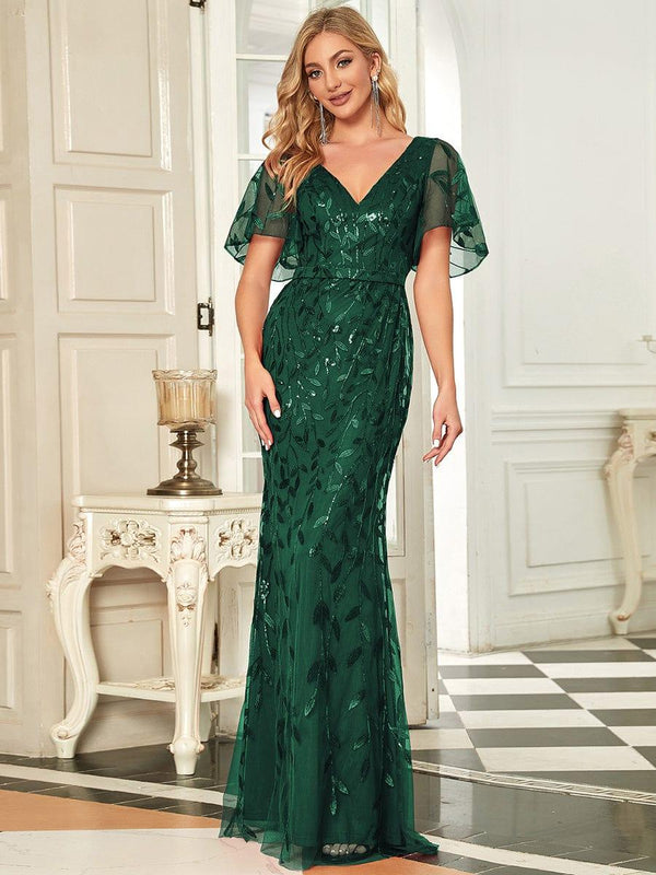 V Neck Leaf-Sequined Fishtail Mother of the Bride Dress