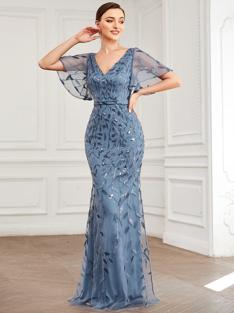 V Neck Leaf-Sequined Fishtail Mother of the Bride Dress