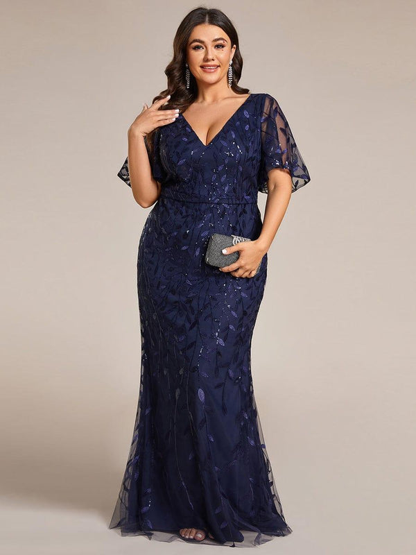Plus Size V Neck Mermaid Sequin & Tulle Evening Dress