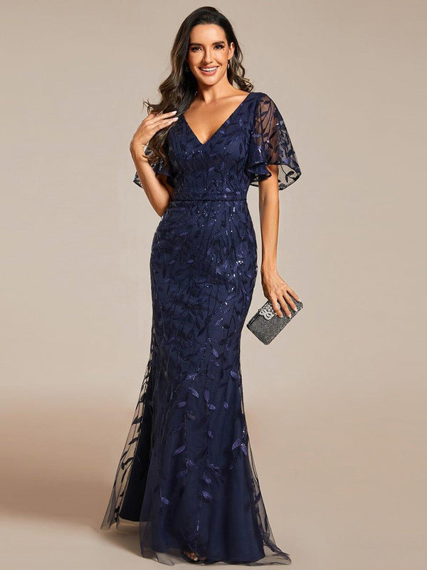 V Neck Leaf-Sequined Fishtail Mother of the Bride Dress