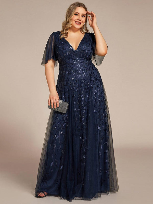 Plus Size Romantic Shimmery V Neck Ruffle Sleeves Evening Gown