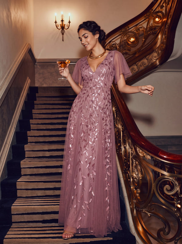 Romantic Shimmery V Neck Ruffle Sleeves Maxi Long Evening Gowns