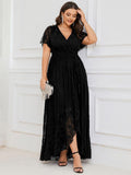 Plus Size V-Neck Short Sleeve Pleated Ruffled Lace Evening Dress