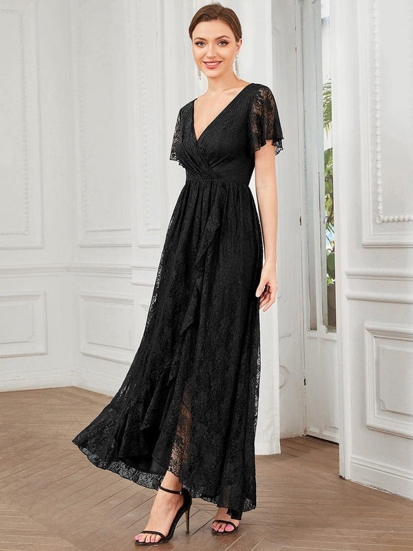 V-Neck Short Sleeve Pleated Ruffled Lace Wedding Guest Dress