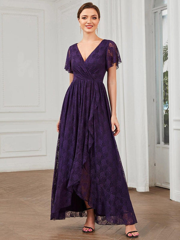 V-Neck Short Sleeve Pleated Ruffled Lace Wedding Guest Dress