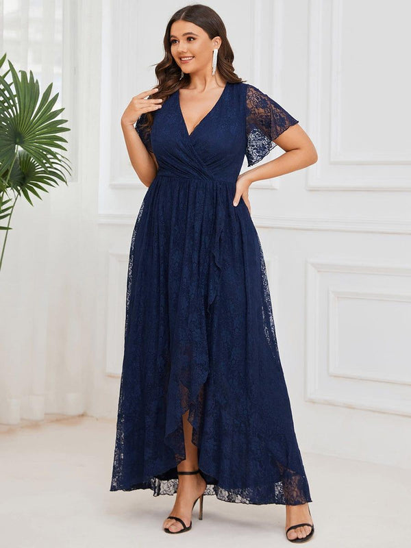 Plus Size V-Neck Short Sleeve Pleated Ruffled Lace Evening Dress