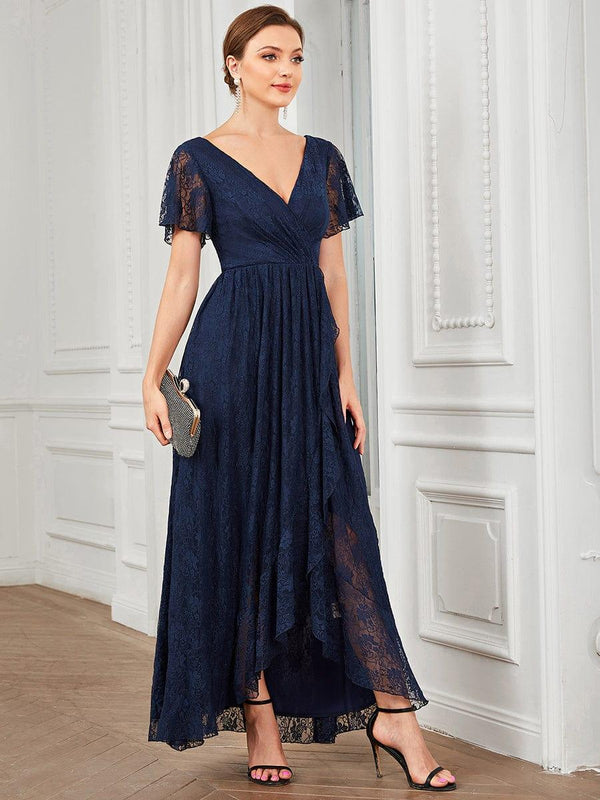 V-Neck Short Sleeve Pleated Ruffled Lace Wedding Guest Dress