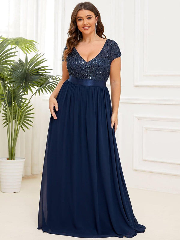 Plus Size V-Neck Cap Sleeve Sequins Chiffon Maxi Evening Dress
