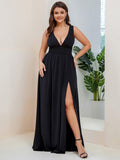 Plus Size Sexy High Slit Sleeveless Empire Waist V-Neck Evening Dress