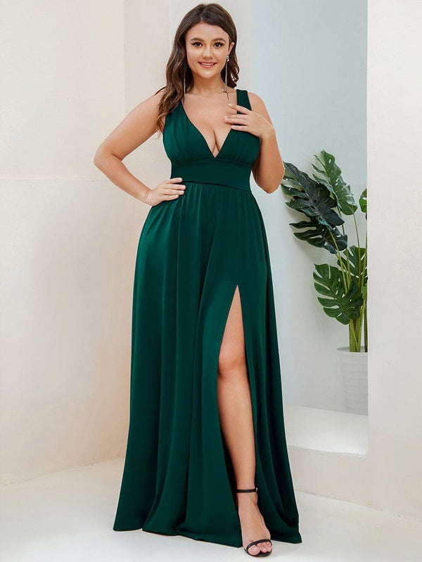 Plus Size Sexy High Slit Sleeveless Empire Waist V-Neck Evening Dress