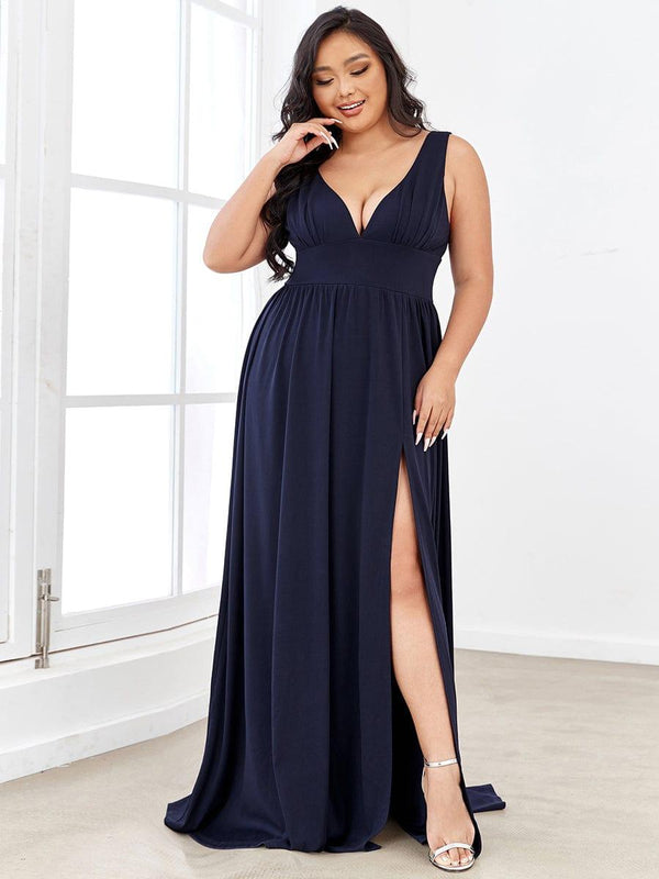 Plus Size Sexy High Slit Sleeveless Empire Waist V-Neck Evening Dress