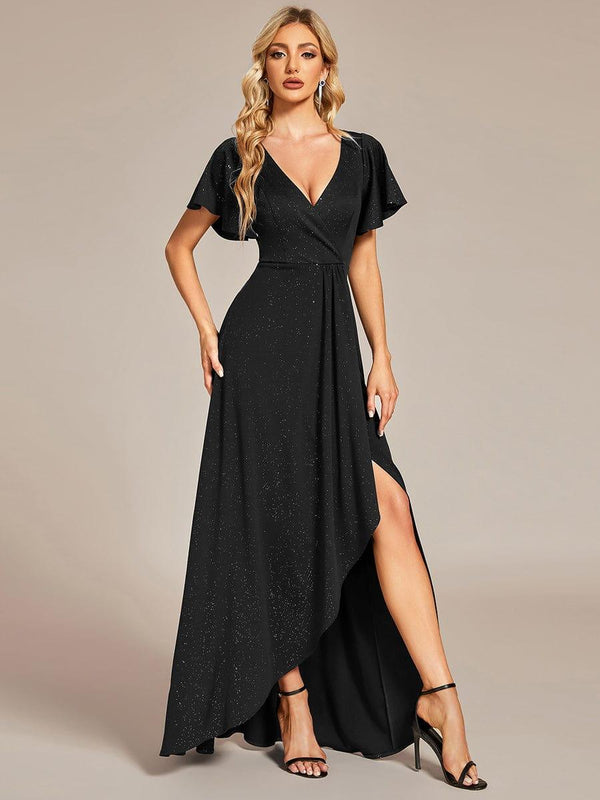 Ruffle Sleeves V Neck High Low Evening Dress (Final Sale)