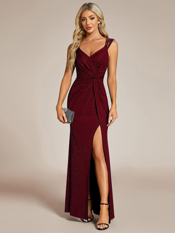Sequin V Neck High Slit Wedding Guest Dress