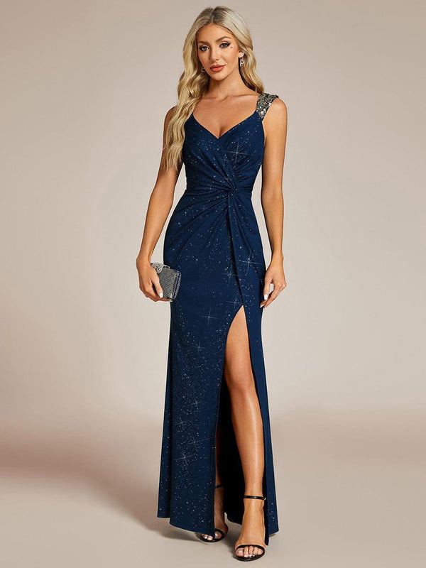 Sequin V Neck High Slit Wedding Guest Dress