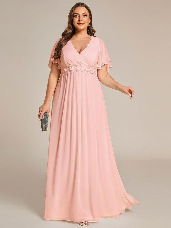 Plus Size Applique Short Sleeve A-Line Chiffon Evening Dress