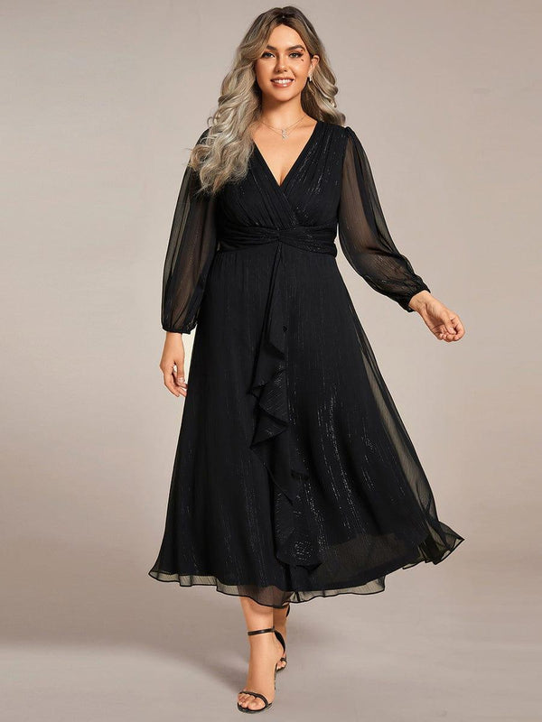 Plus Size Glitter Long Sleeve Twist Knot Evening Dress