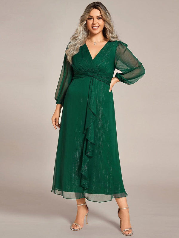 Plus Size Glitter Long Sleeve Twist Knot Evening Dress