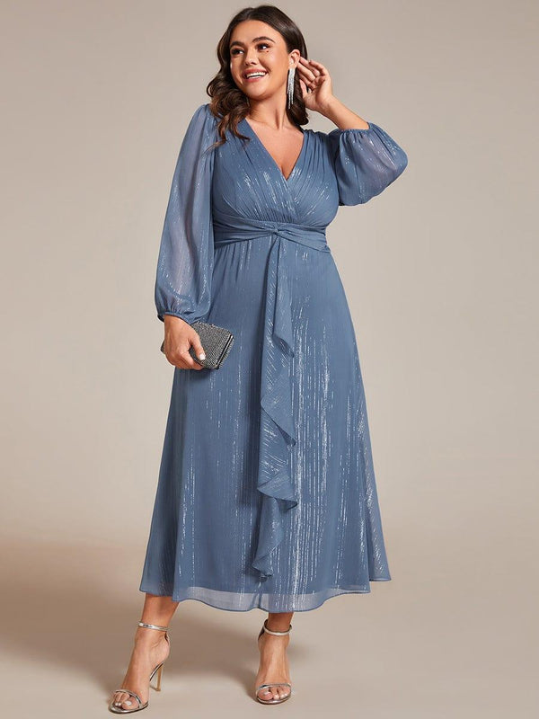 Plus Size Glitter Long Sleeve Twist Knot Evening Dress