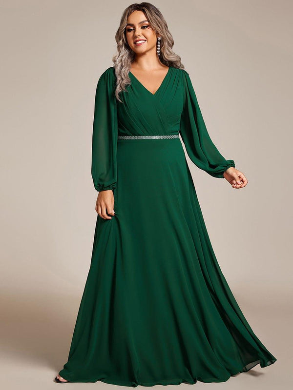 Plus Size Pleated Double V-Neck Long Sleeves Shiny Belt Chiffon Evening Dress