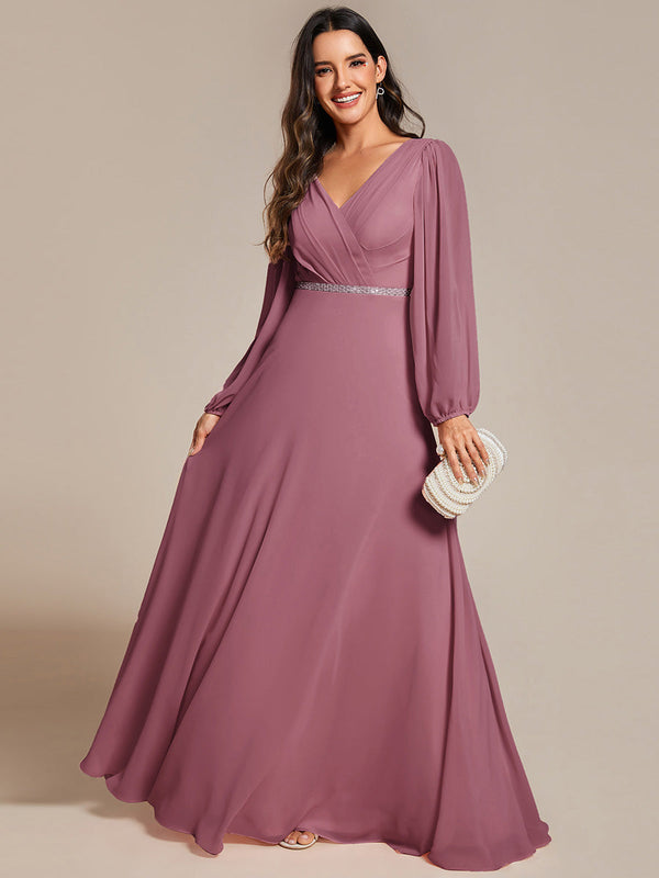 Pleated Double V-Neck Long Sleeves Shiny Belt Chiffon Evening Dress