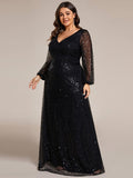 Plus Size V-Neck Lantern Long Sleeve Sequin A-Line Evening Dress