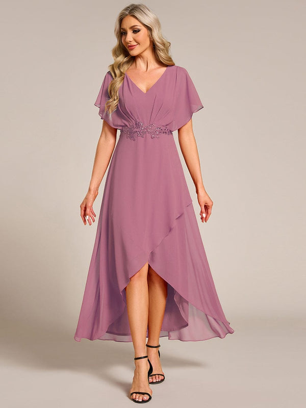 Waist Applique A-Line Chiffon V-Neck Wedding Guest Dress