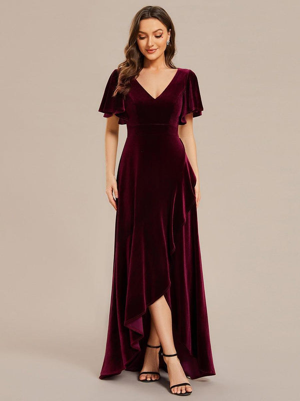 Elegant Double V-Neck Short Sleeves Velvet Bridesmaid Dress