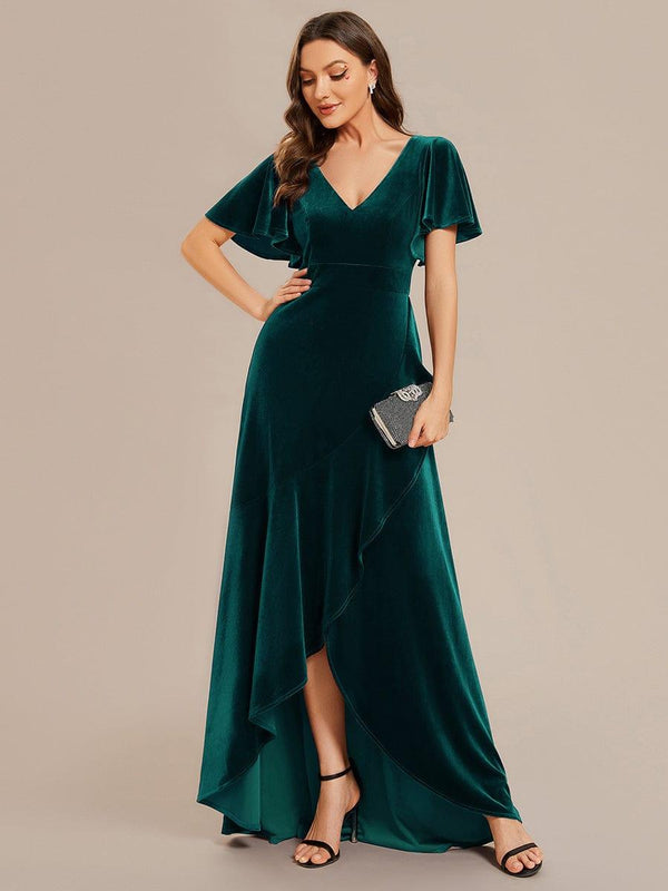 Double V-Neck Short Sleeves Velvet Wedding Guest Dress