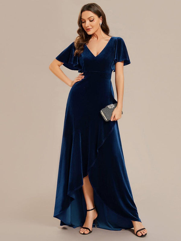 Double V-Neck Short Sleeves Velvet Evening Dress