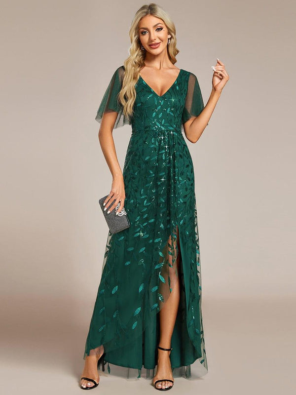V-Neck High Slit Sequined Wedding Guest Dresses