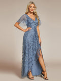 V-Neck High Slit Sequined Wedding Guest Dresses