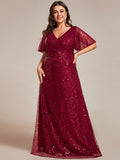 Plus Size V-Neck Sequined A-Line Evening Dresses with Ruffles Sleeves