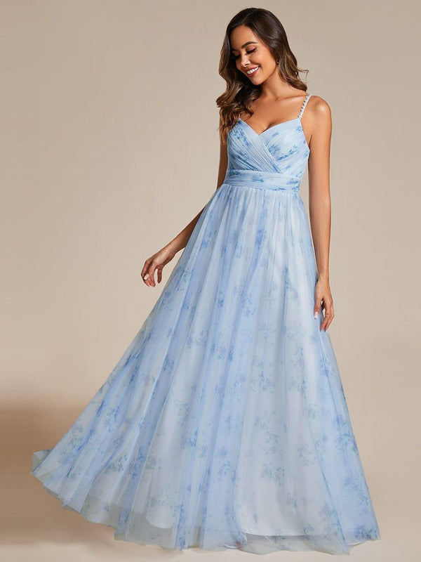 Floral Empire Waist Spaghetti Strap Evening Dress