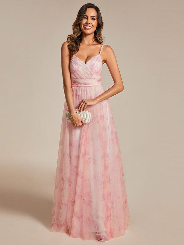 Floral Empire Waist Spaghetti Strap Dress with V-Neck In Pink