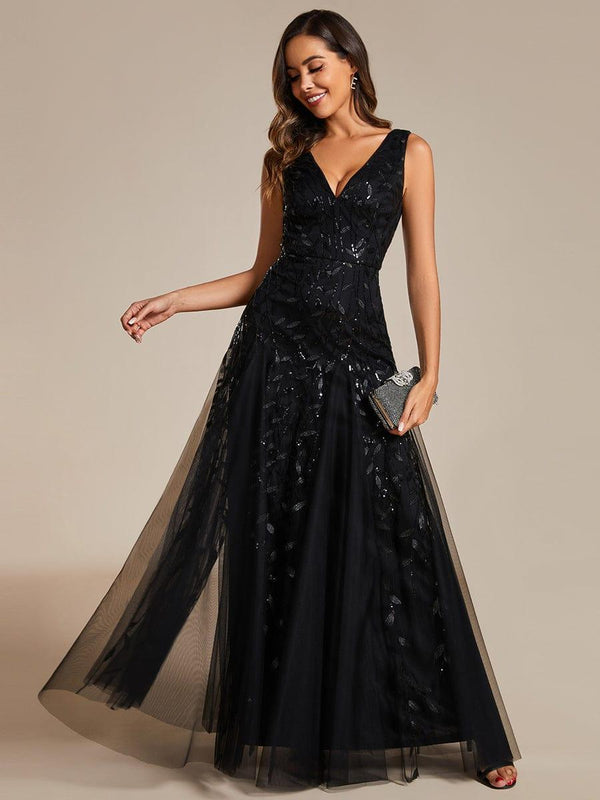 Sleeveless V-Neck Sequined A-Line Evening Dresses