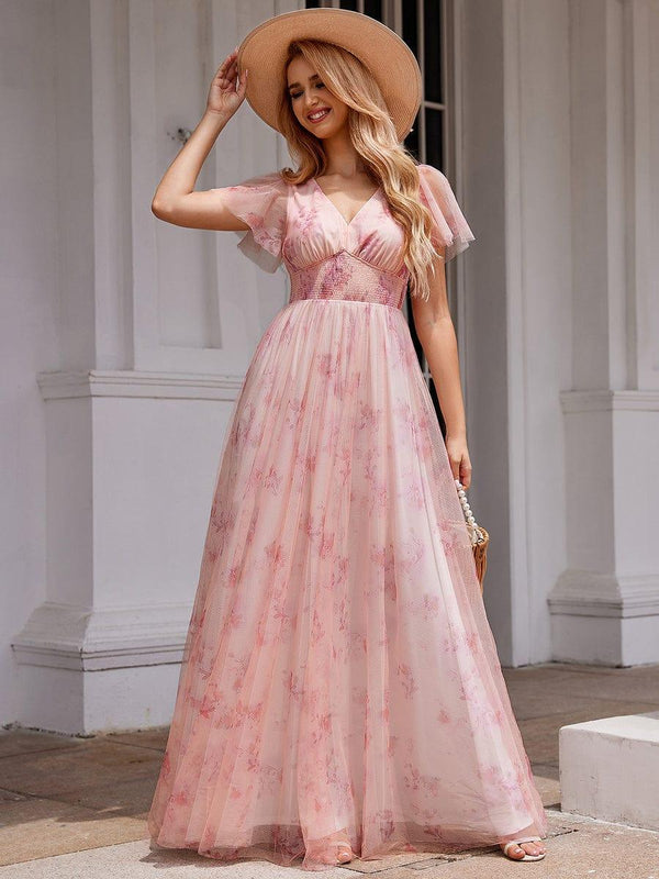 A-Line Floral Tulle V-Neck Evening Dress