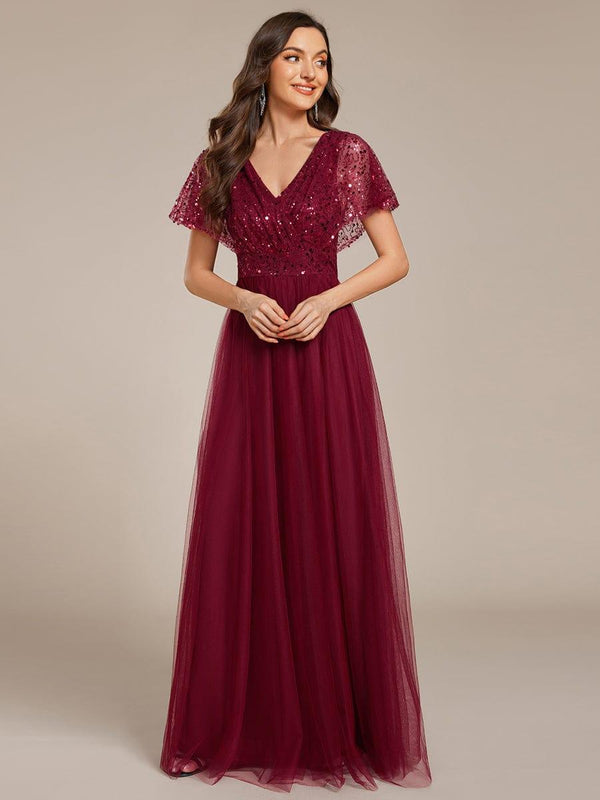 A-Line Short Sleeve Tulle Evening Dress