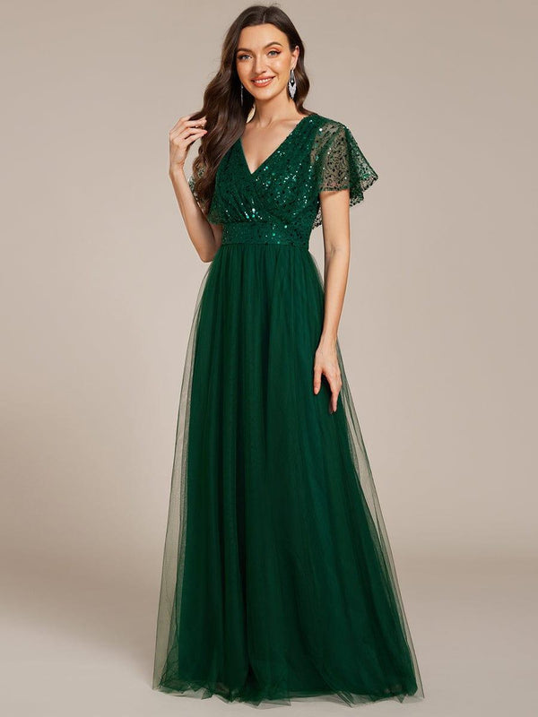 A-Line Short Sleeve Tulle Evening Dress