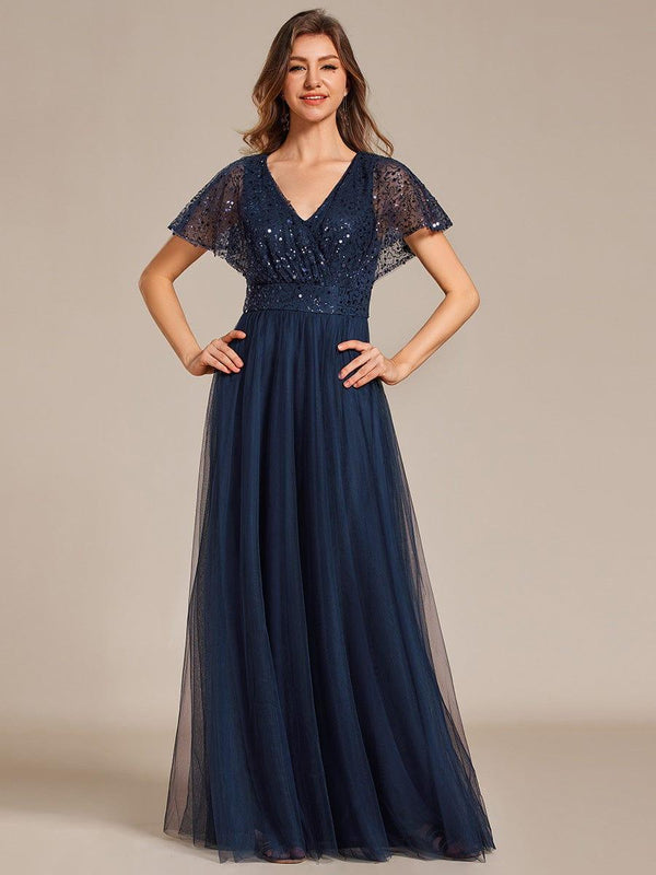 A-Line Short Sleeve Tulle Evening Dress